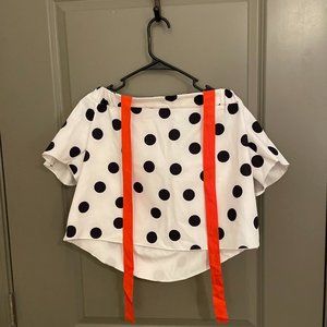 Zara Off the Shoulder White and Black Polka Dot Blouse S